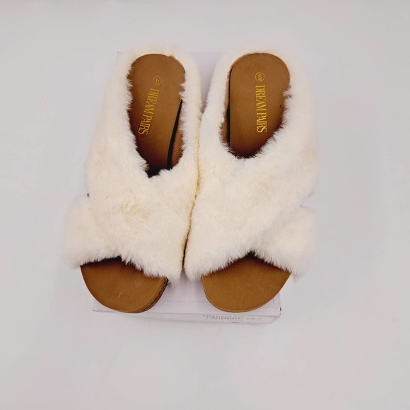 Dream Pair Creamy White Fuzzy Furry CrissCross Slide Sandals 6 - Picture 4 of 8